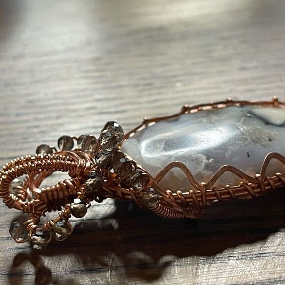 Dendritic Opal smoky quartz wire wrap wrapped pendant copper handmade artisan - Picture 9 of 16